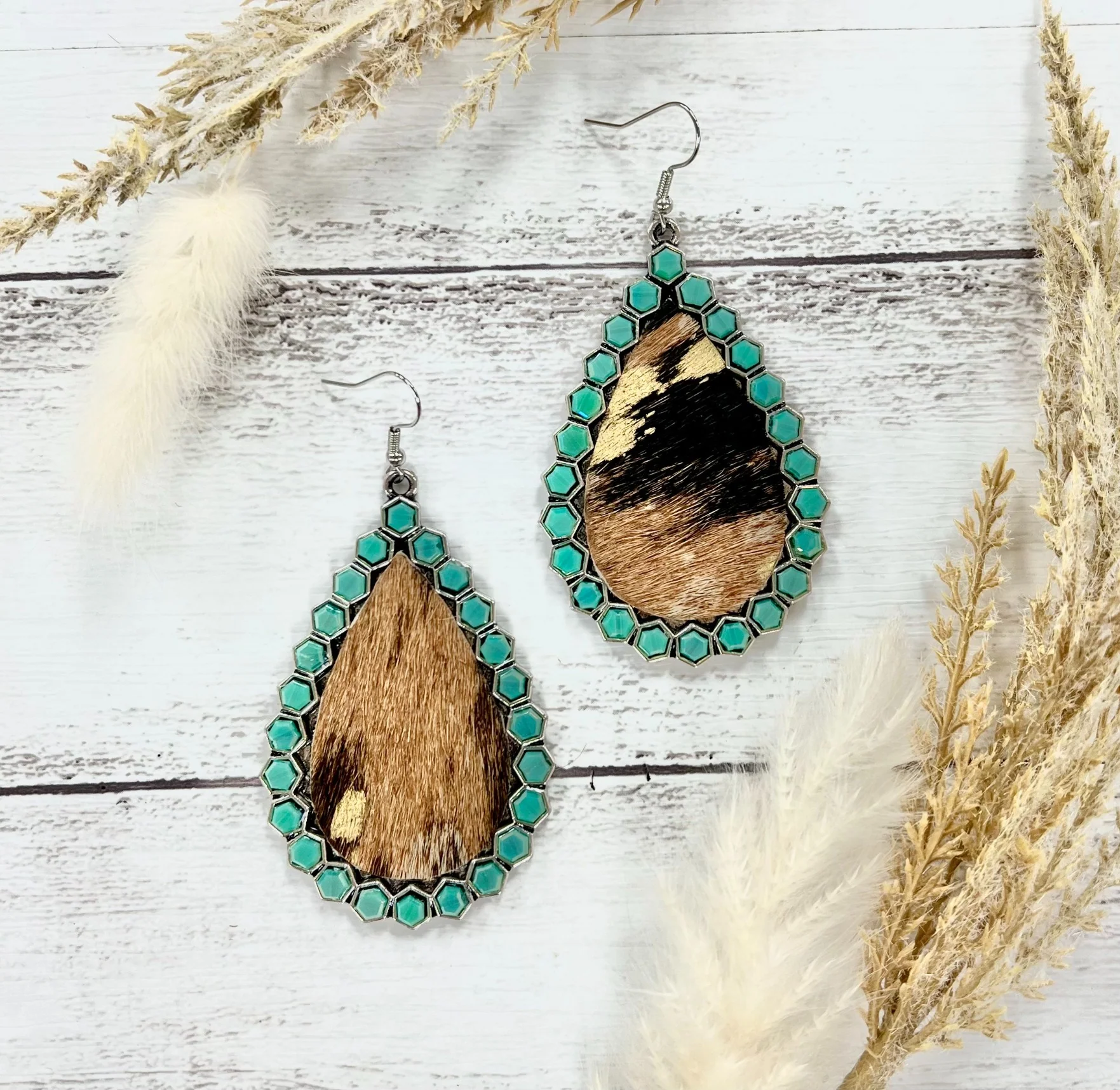 Cowhide and Turquoise Teardrop Earrings