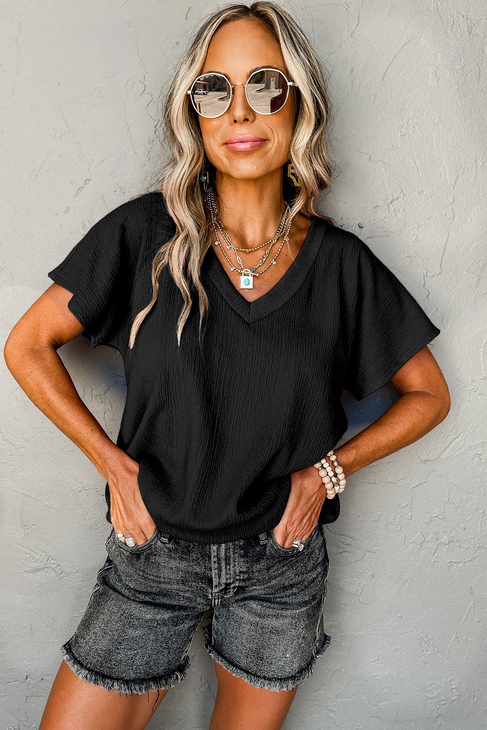 Black Crinkled V Neck Wide Sleeve Tank