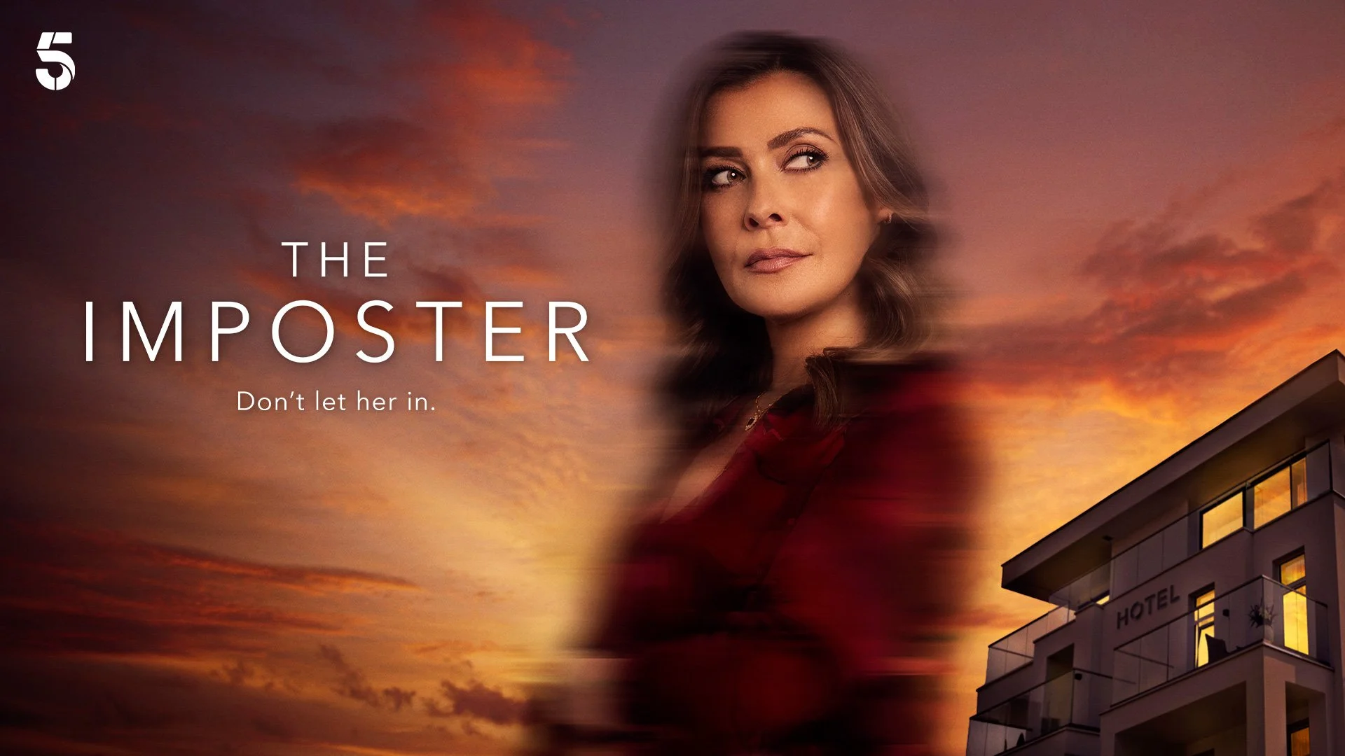 A promotional poster for the TV show 'The Imposter' featuring a woman with brown hair and a serious expression, set against a sunset sky with clouds, and a modern hotel building in the lower right corner.