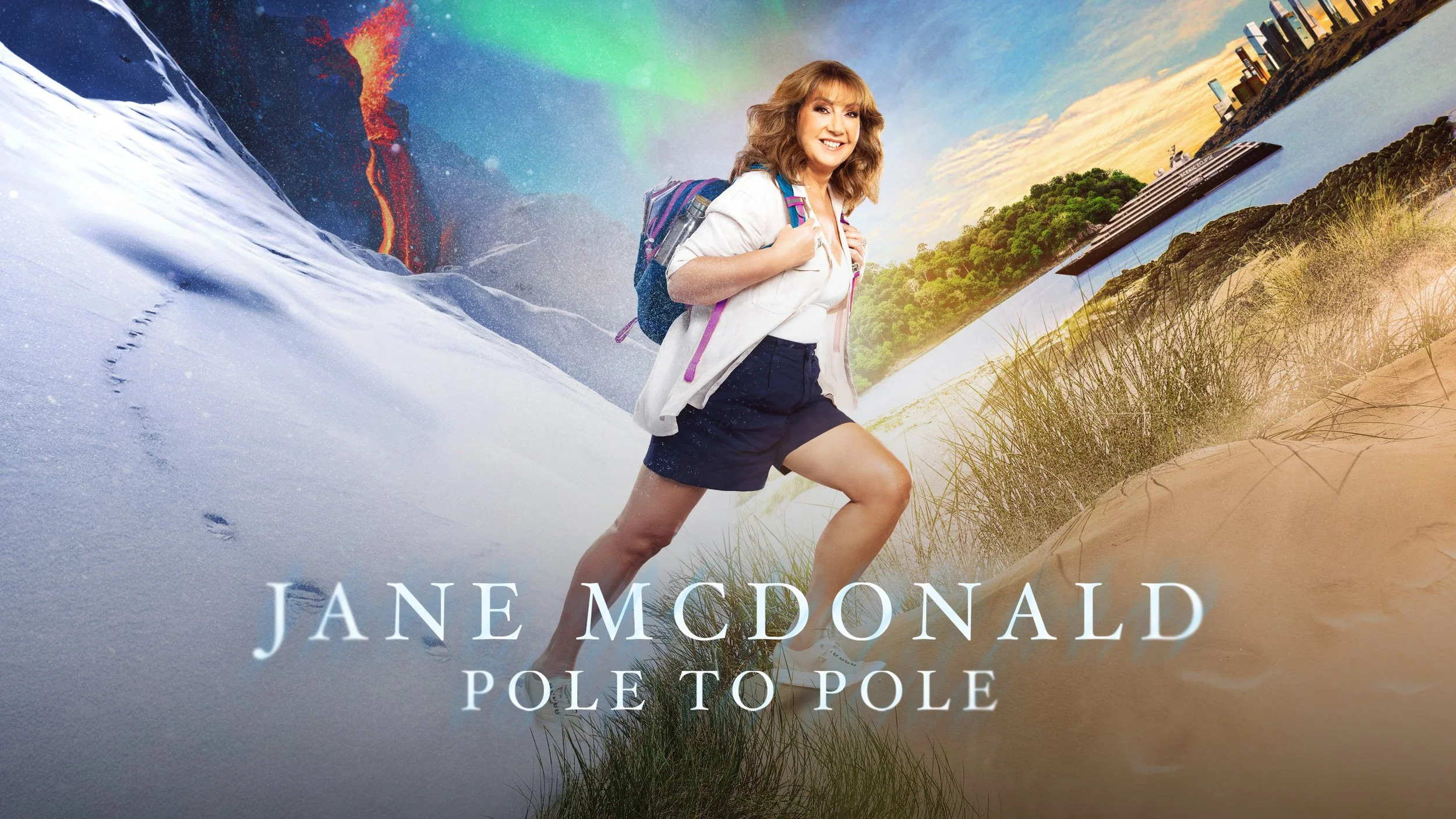Book cover featuring a woman with a hiking backpack standing on a beach with a divided background of water and land, with a title that reads 'Jane McDonald Pole to Pole'.