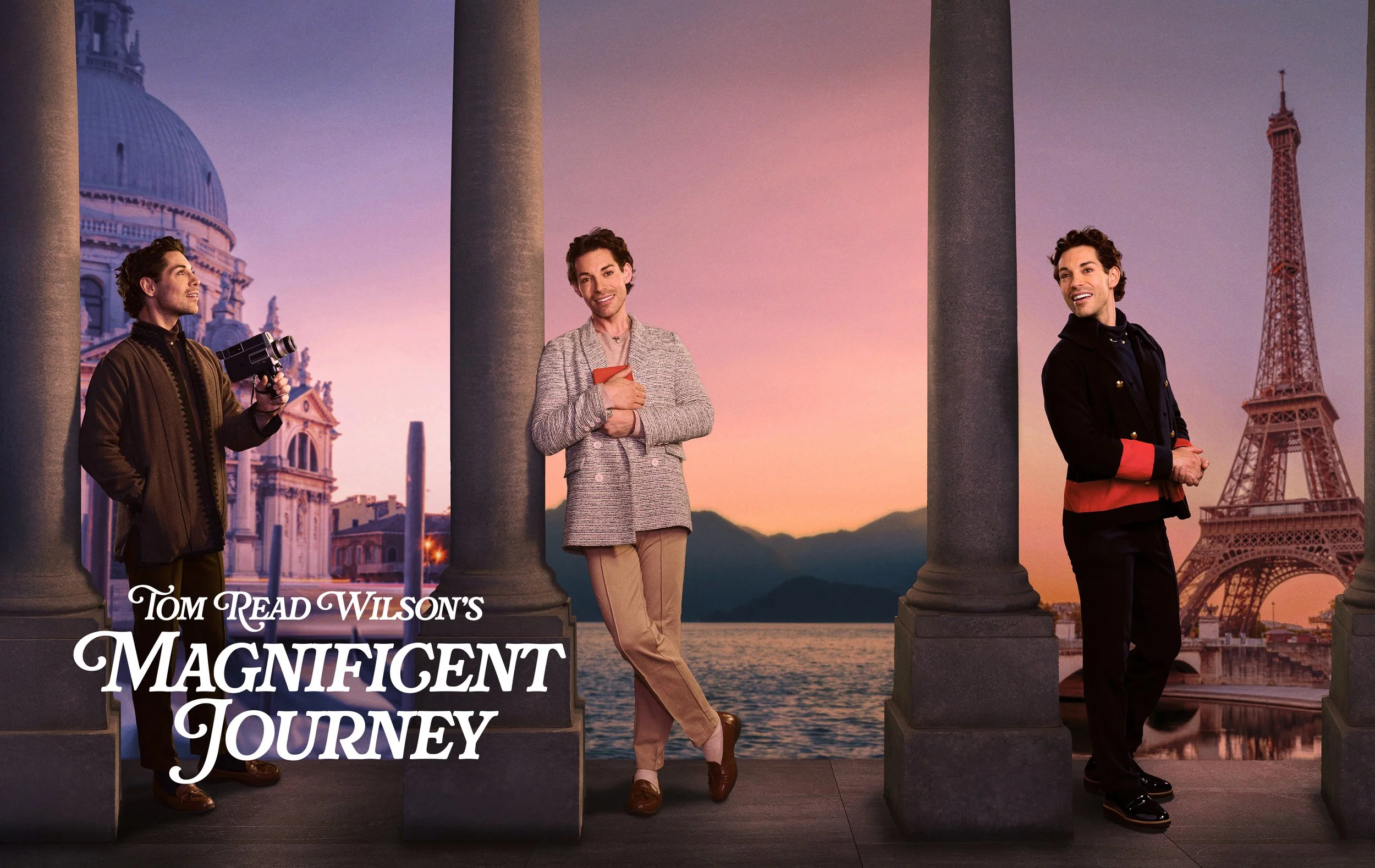 Promotional poster for the movie 'Magnificent Journey' starring Tom Reed Wilson, with scenes of Paris and the Eiffel Tower at sunset.