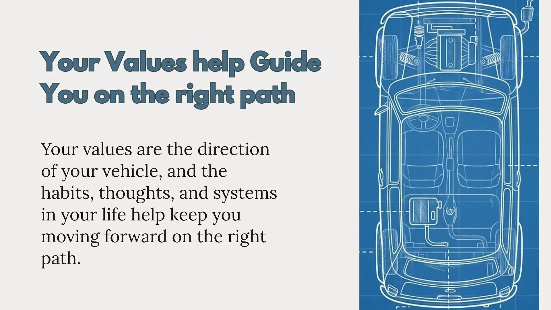 A blueprint-style illustration of a car on the right side of the image with a diagram of the car's interior layout. On the left side, there is text that reads: "Your Values help Guide You on the right path. Your values are the direction of your vehicle, and the habits, thoughts, and systems in your life help keep you moving forward on the right path."