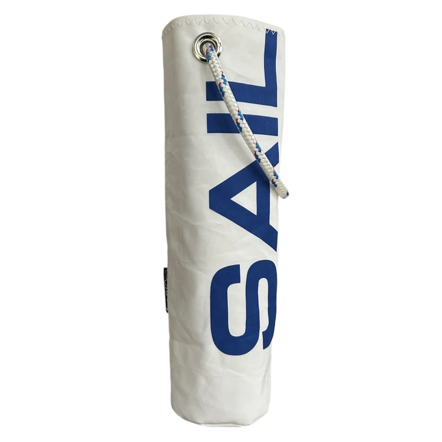 White cylindrical bag with blue text and a rope handle.