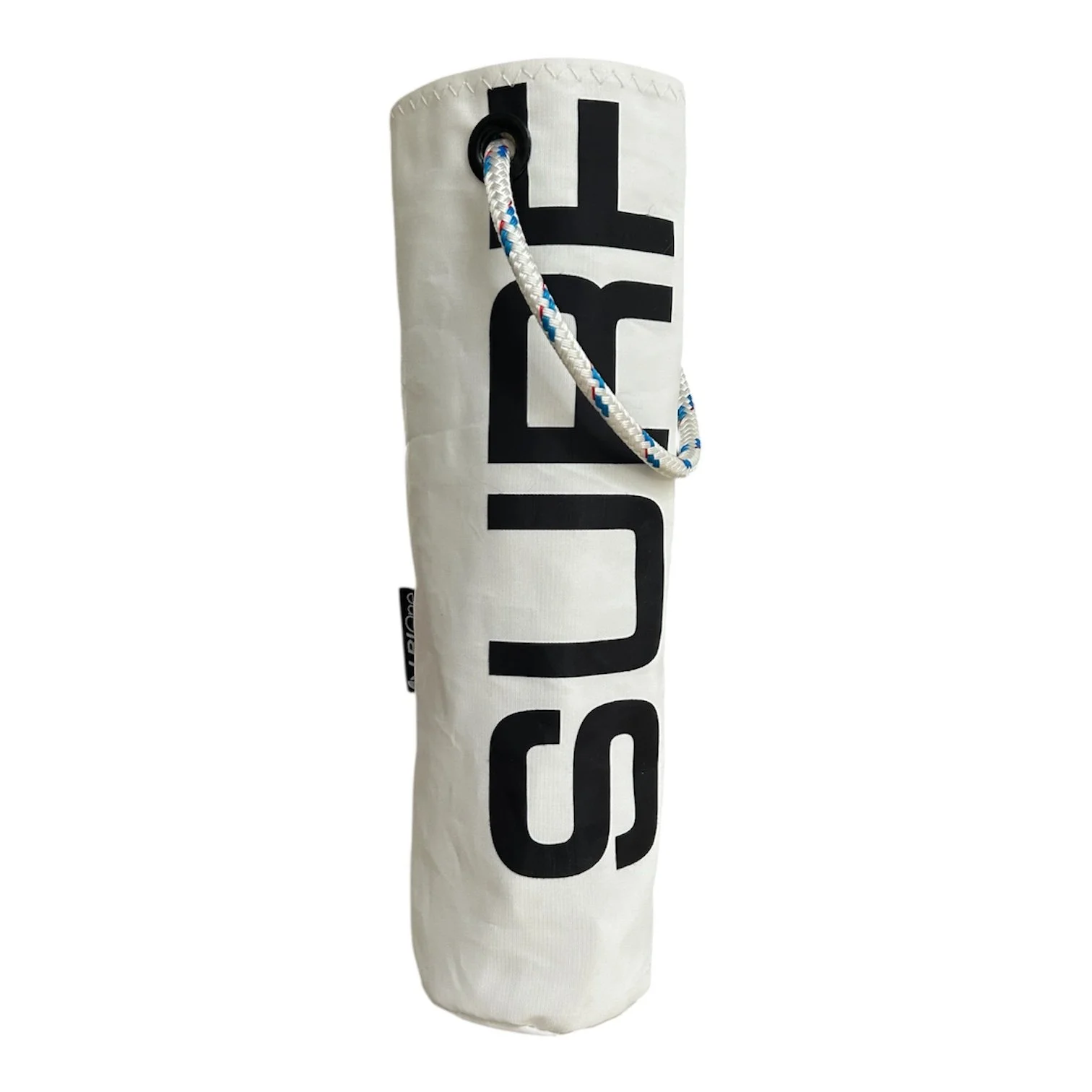 A white punching bag with black branding and a braided rope handle.