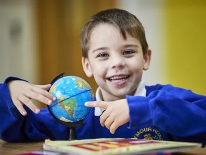 Pupil pointing at globe