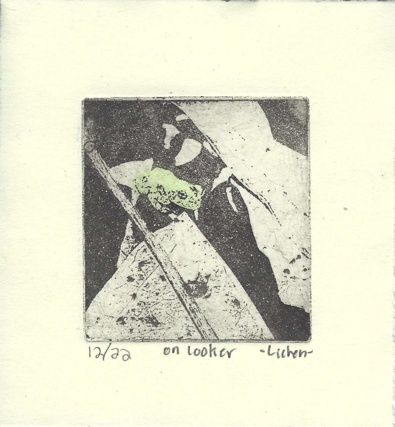 Onlooker, 
4.5x4.75 in,
copper plate etching with watercolor