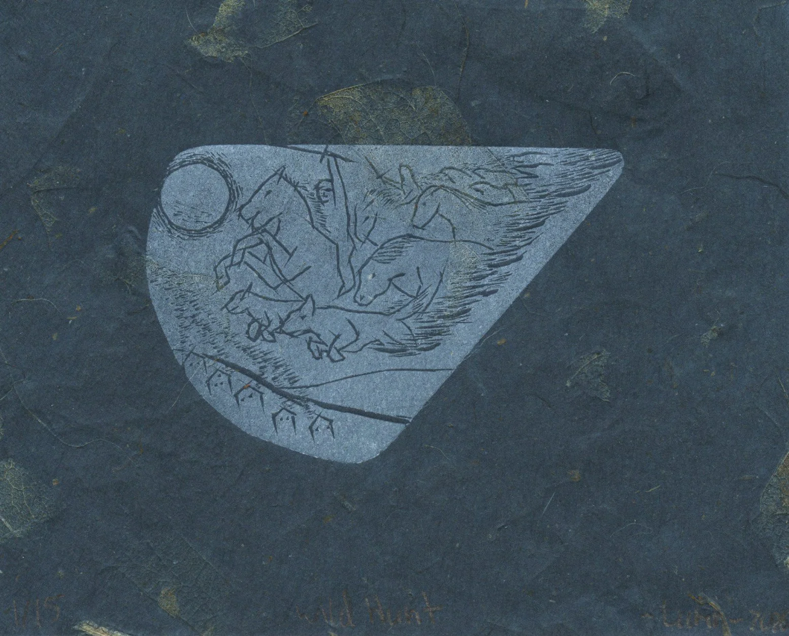 Wild Hunt,
2026,
5x4,
wood engraving on blue paper