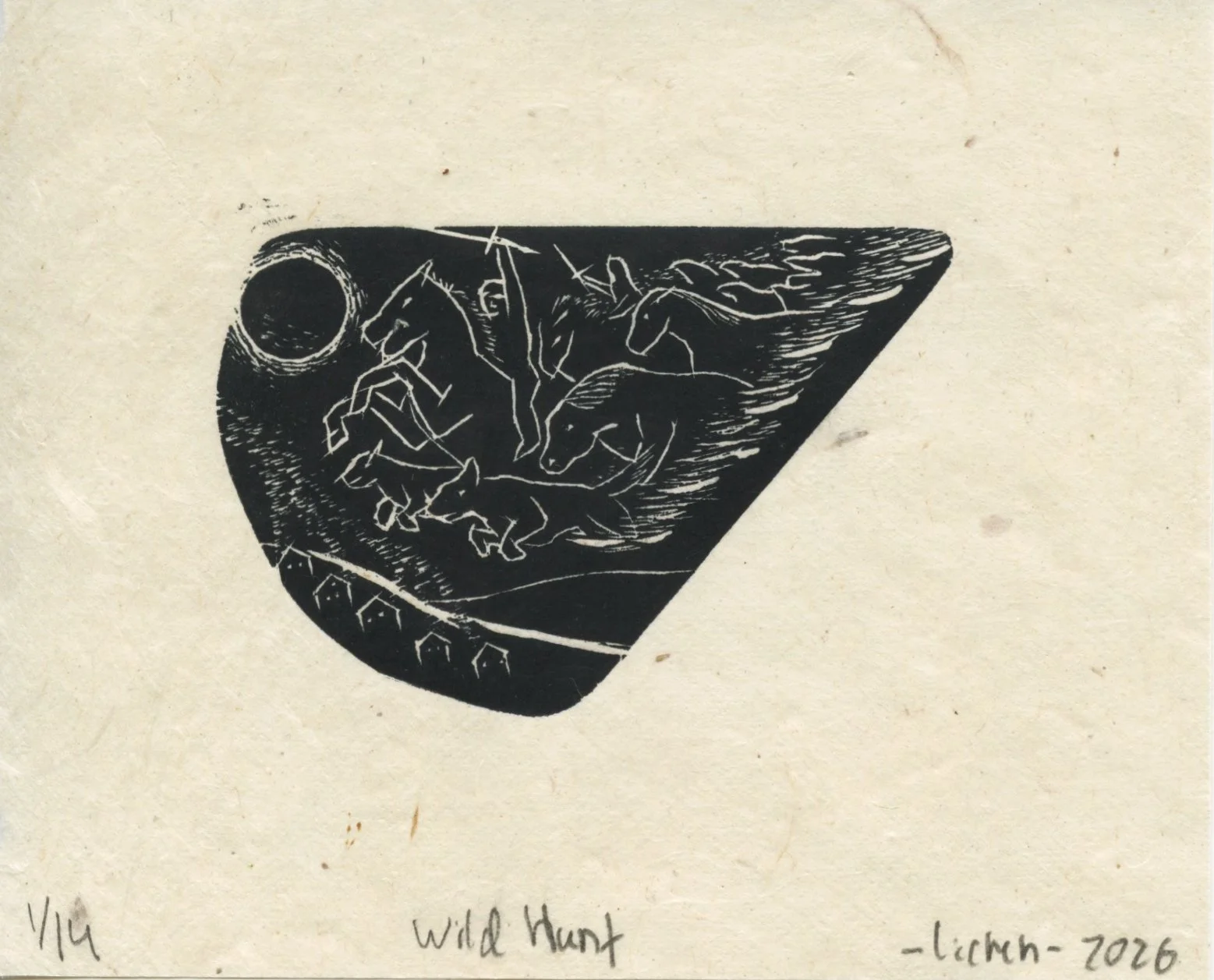 Wild Hunt,
2026,
5x4,
wood engraving on lokta paper