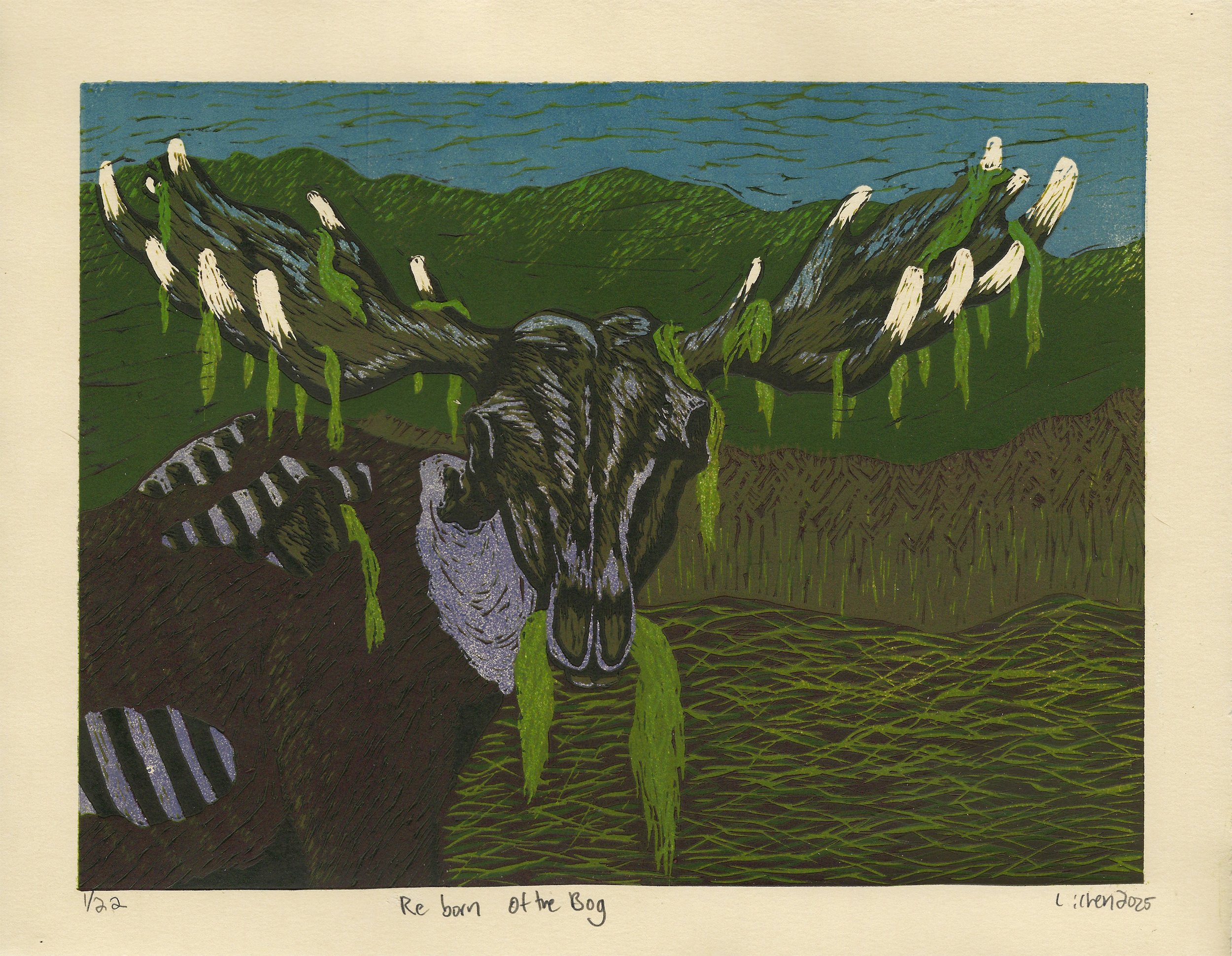 Reborn of the Bog,
2025,
14x11 in,
reduction linoleum cut