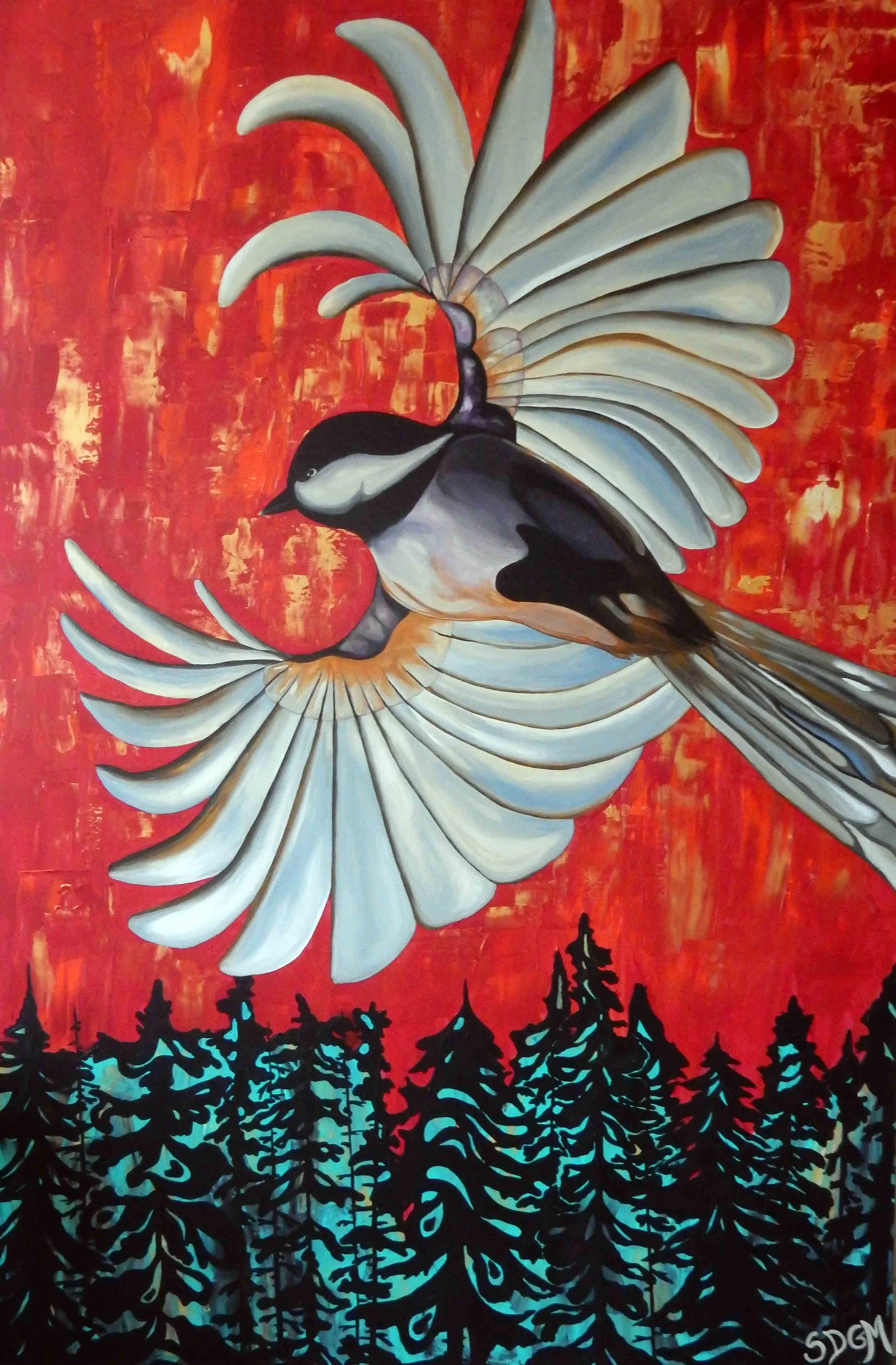 Kejegigilhasis, petite mésange à tête noire (Chickadee), acrylic painting, 4' x 6', 2021