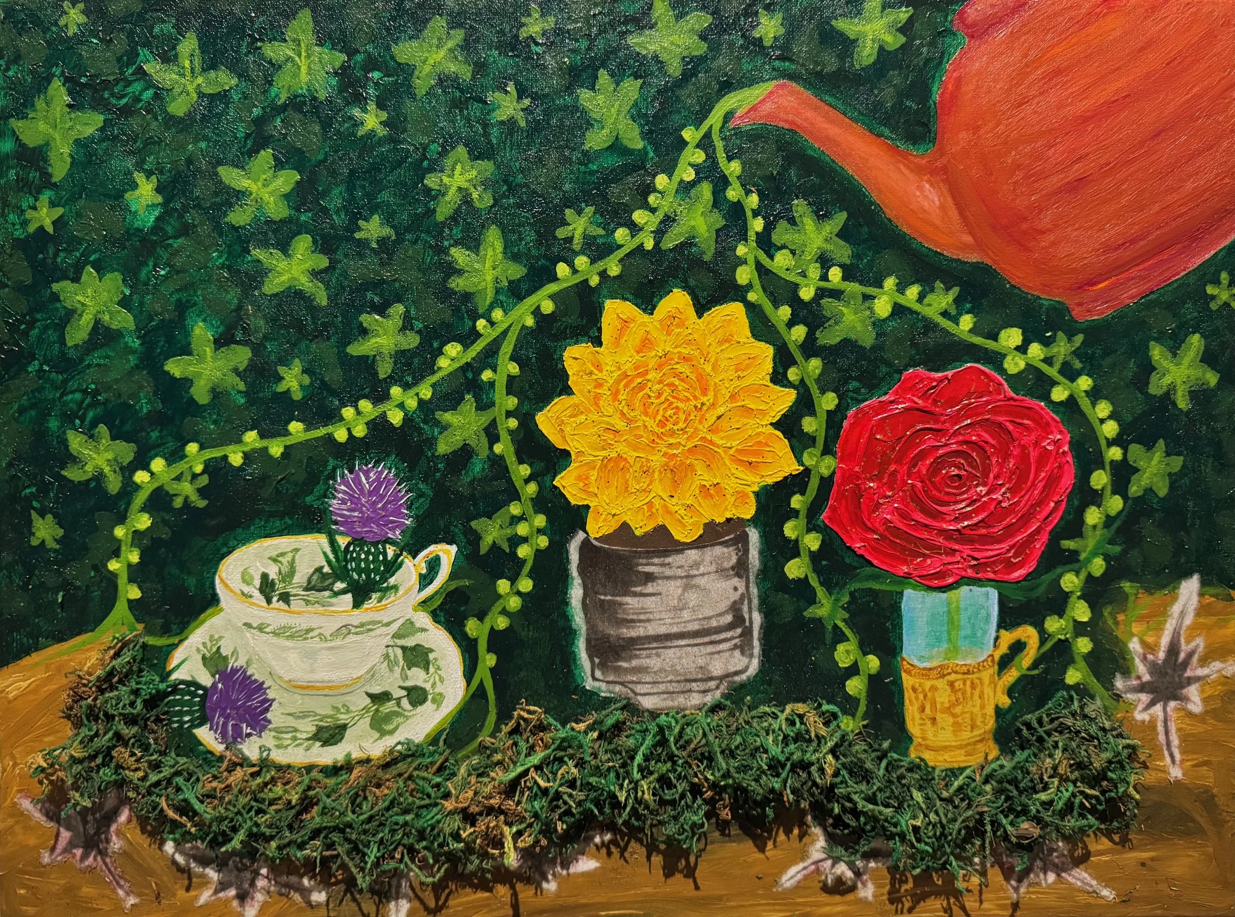 Colorful mixed-media painting of three distinct teacups holding symbolic flowers set against a dark green leafy background with a vine pouring from a floating teapot above.