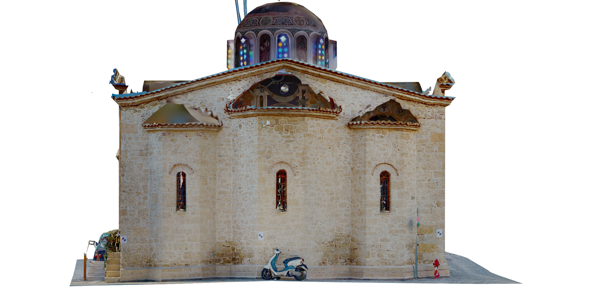 A stone church with stained glass windows, a sloped roof, and a dome with colorful windows in the background. A scooter is parked in front of the church.