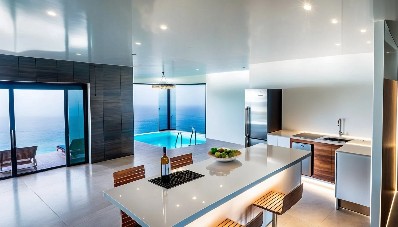 Modern kitchen and living area with ocean view, featuring a white countertop, wooden chairs, a wine bottle, bowl of green fruit, stainless steel refrigerator, and a small pool with ocean scenery outside.