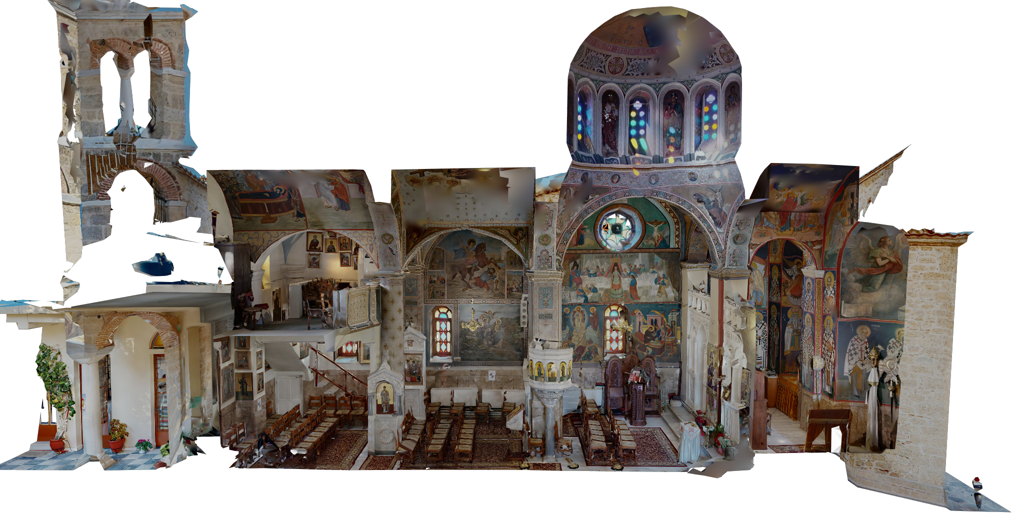 Interior of a church or chapel with ornate decoration, religious paintings, statues, and wooden chairs arranged for a service.