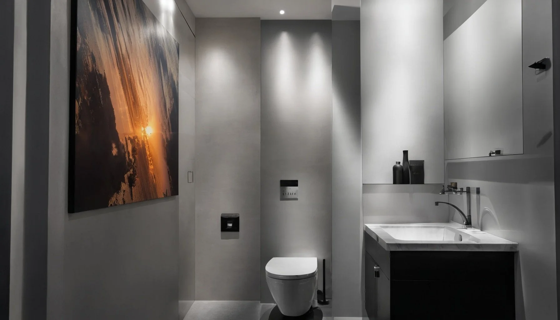 Modern, minimalist bathroom with a gray color scheme, featuring a large sunset landscape painting on the left wall, a white toilet, a sleek vanity with a sink, and decorative black vases on the countertop.