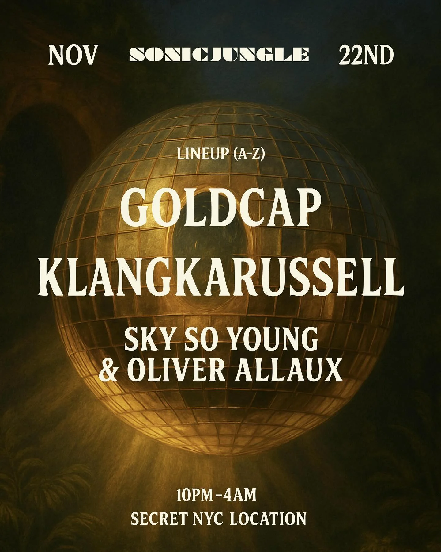 SONIC JUNGLE WAREHOUSE TAKEOVER &ndash; NYC Secret Location 

The portal opens once more&hellip;
This November 22nd we return to New York, taking over a secret warehouse with our favorite artists @goldcap &amp; @klangkarussellofficial 

Get your tick