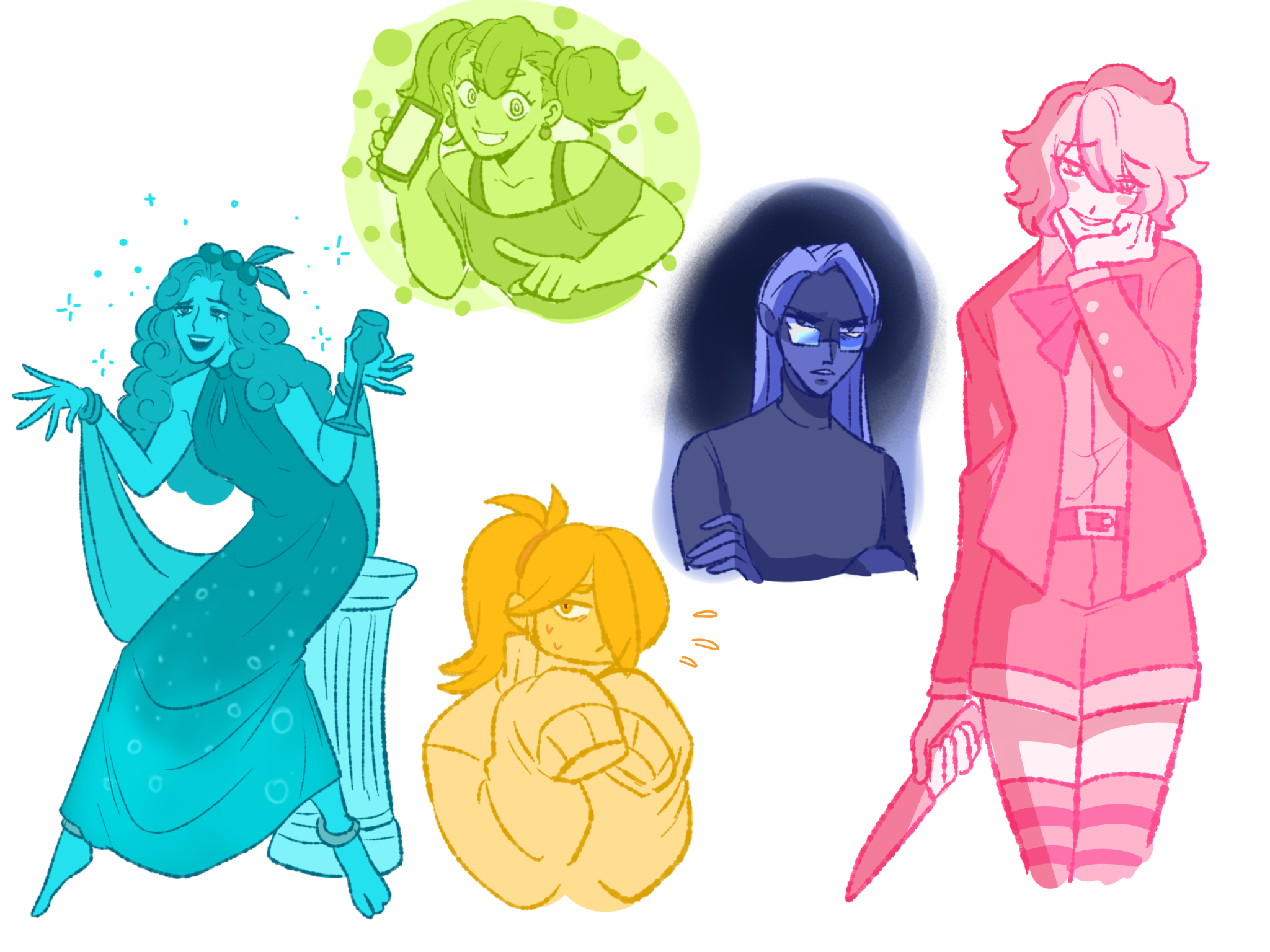 Character designs based on emotions : Drunk (Teal), Shy (yellow), Excited (Lime), Furious (Indigo), Possessive (Pink)  (2023)