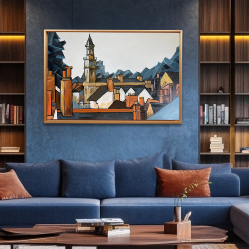 blue texture wall and teak shelving