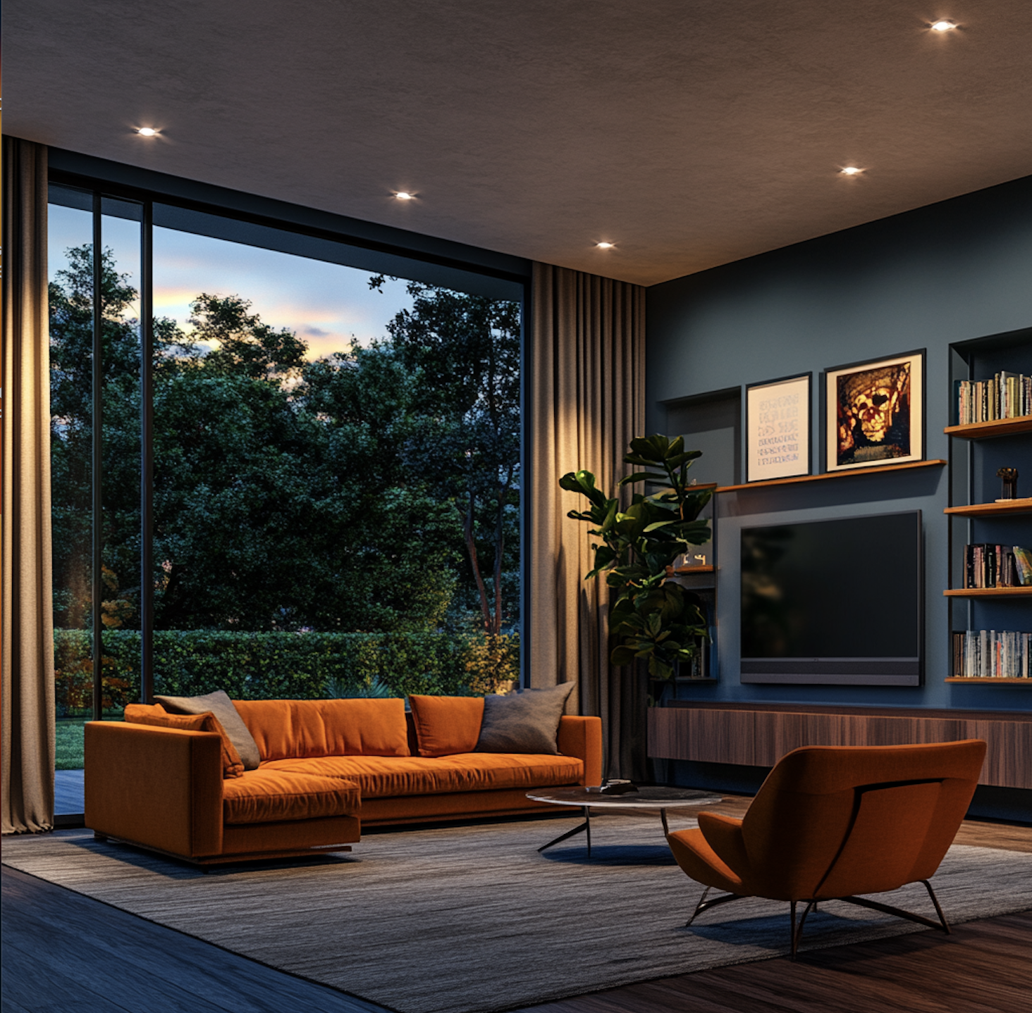 Large family room garden room with luxury orange couch