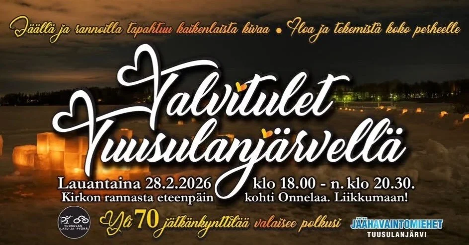 Lauantaina on tunnelmallinen hyv&auml;n mielen tapahtuma Tuusulanj&auml;rvell&auml;.

Olemme mukana Krapin Onnelan rannassa. Klo 19.30 ohjelmassa lumijoogaa. 

Et tarvitse aiempaa kokemusta. Harjoitus on lyhyt ja lempe&auml;, mutta tuntuu kehossa yll
