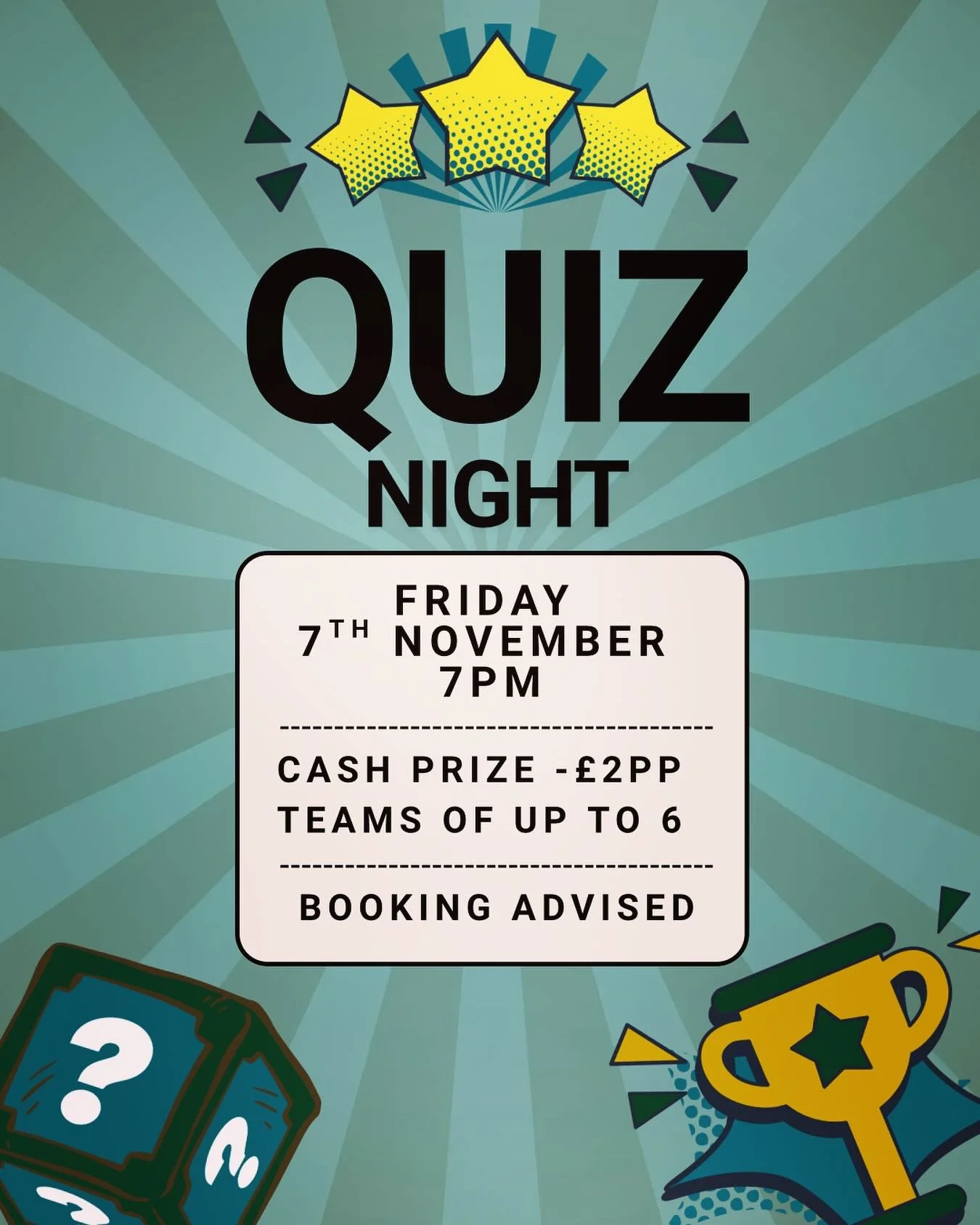 Get your thinking caps on ! Quiz night this Friday 7pm 🧐 Teams of up to 6
❓&pound;2 per person. 💷 Cash Prizes