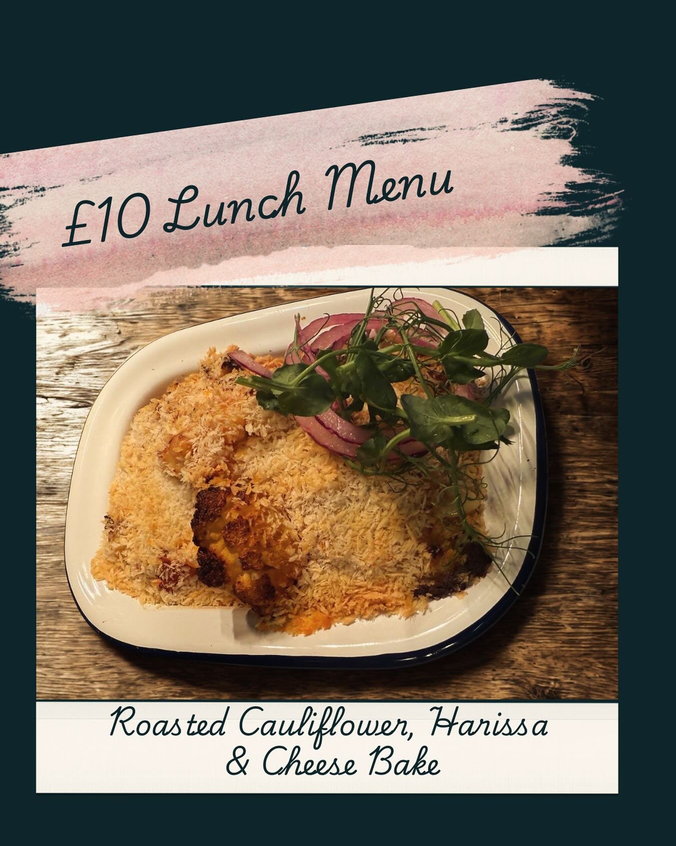 &pound;10 Lunch Menu This Week 🥄
Perfect comfort food for chilly days.

Featuring:
✨ Roasted Cauliflower, Harissa &amp; Cheese Bake
✨ Hake &amp; Coriander Cakes with Avocado &amp; Tomato Salad
✨ Ham, Egg &amp; Chips
✨ Curried Chicken Sandwich on Blo