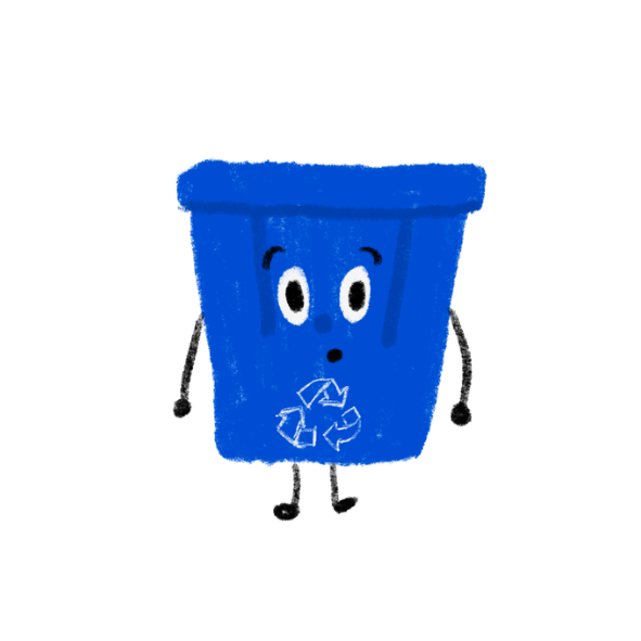 A cartoon blue recycling bin with eyes, eyebrows, and a mouth, standing with arms and legs, signaling a friendly, animated character.