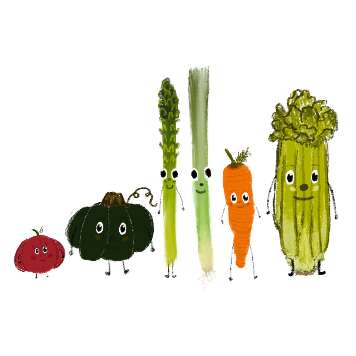 Illustration of five vegetable characters holding hands, including a tomato, a pumpkin, a leek, a carrot, and a celery stalk, each with smiling faces and expressive eyes.
