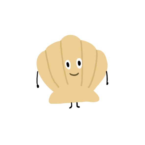 A cartoon clam with a smiling face, two eyes, and small arms, standing upright.