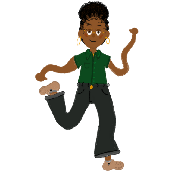 Cartoon of a girl with curly hair wearing a green shirt and black pants, holding a book and running.