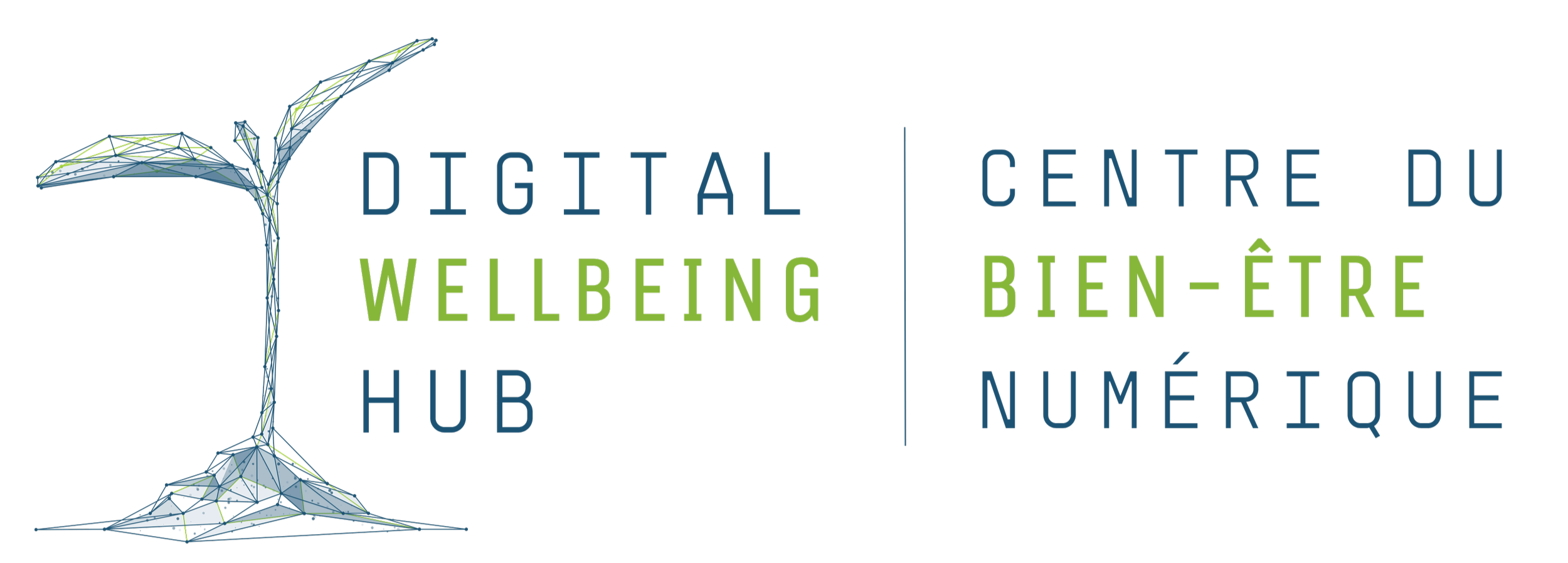 Logo for Digital Centre Du Wellbeing Hub, featuring a stylized digital martini glass and text in English and French.