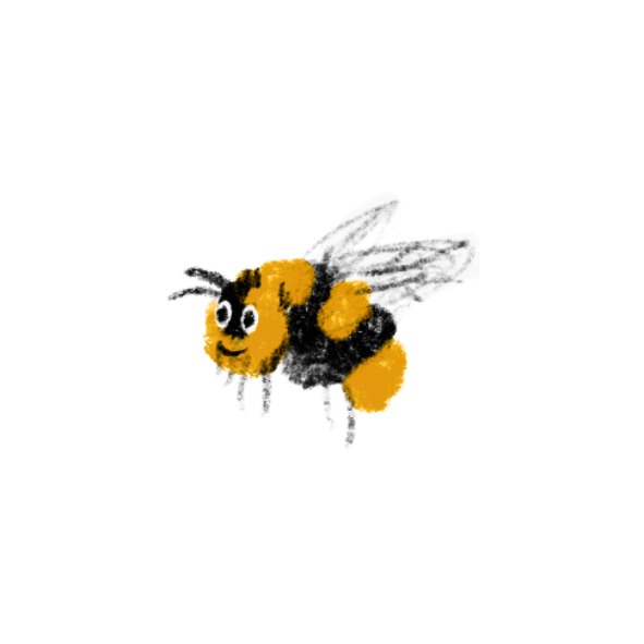 Cute cartoon bee with big eyes and smiling face, flying against a white background.