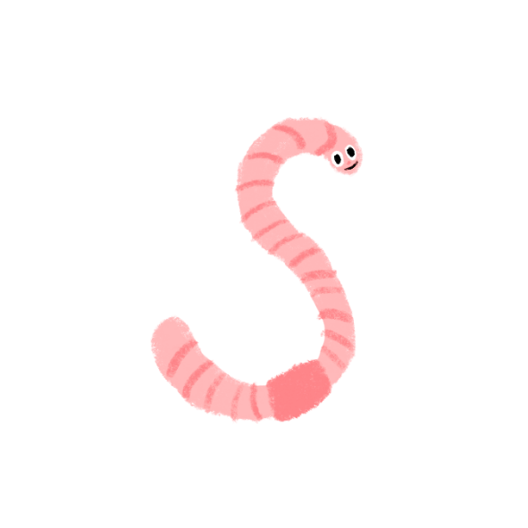 A cute cartoon pink worm with a smiling face and black eyes, curled in the shape of the letter 'S'.