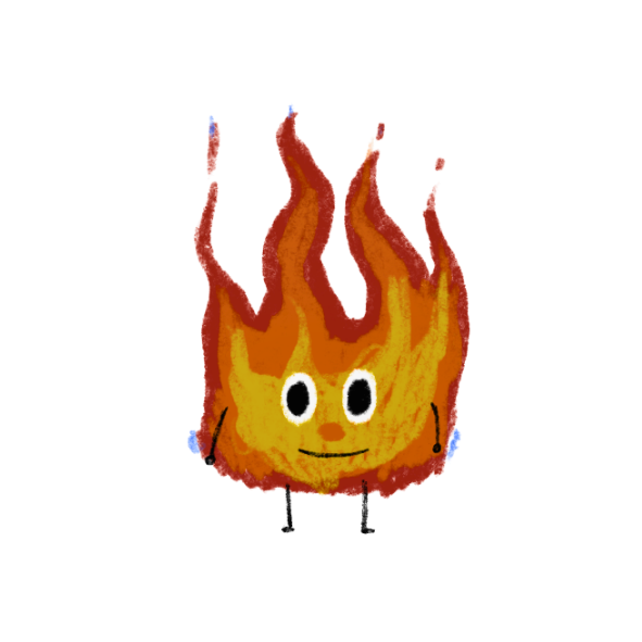 A cartoon flame character with a smiling face and small black legs.