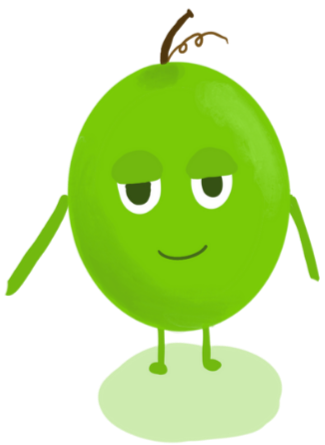 A cartoon green olive with eyes, a smirk, and a small stem on top, standing on a light green shadow.