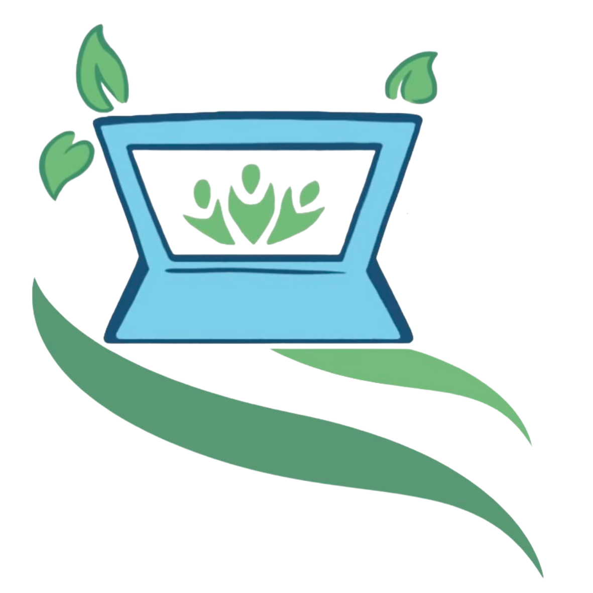 Illustration of a blue laptop with green leaves and plant elements emerging from the screen, symbolizing eco-friendly or environmental technology.