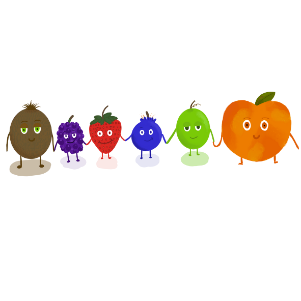 Six Smiling Fruit Holding Hands illustration