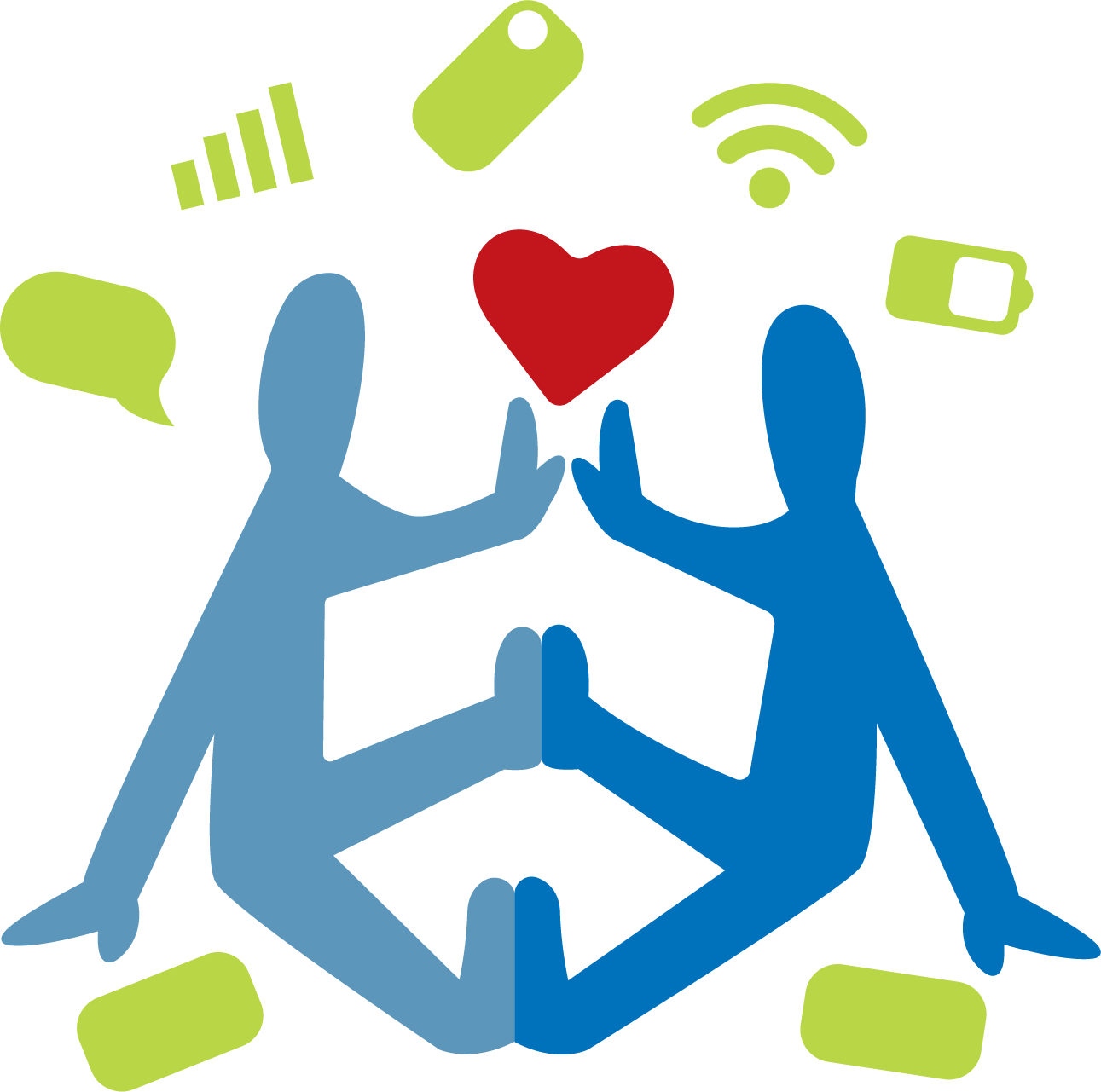 Two stylized people sitting cross-legged holding their phones with a red heart above them and various icons around them.