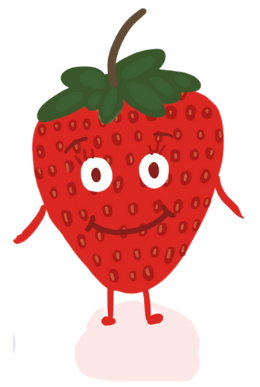 A cartoon strawberry with a smiling face and small arms and legs.