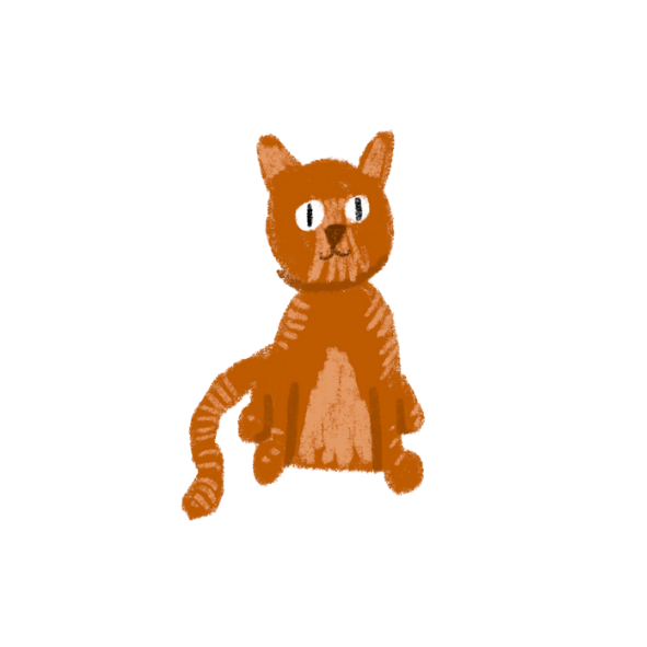 Cartoon drawing of a brown cat with white eyes sitting in front of colorful stacked blocks.