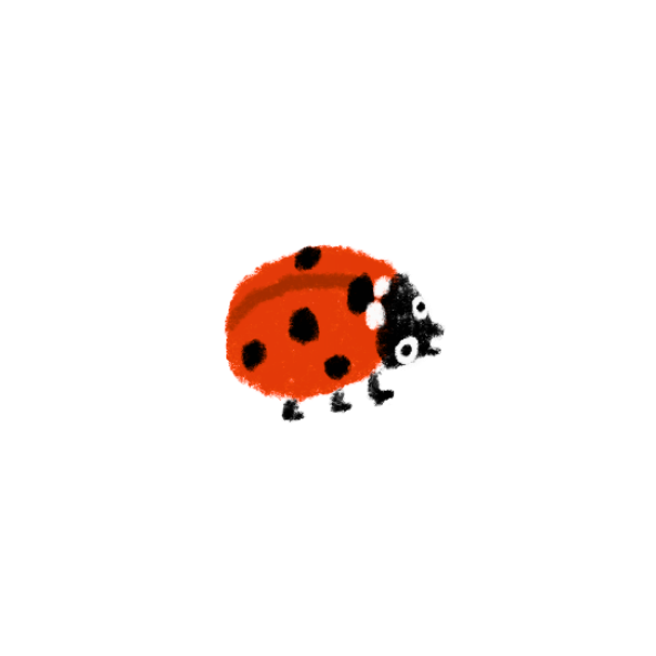 Illustration of a ladybug with a red shell and black spots on a black background.
