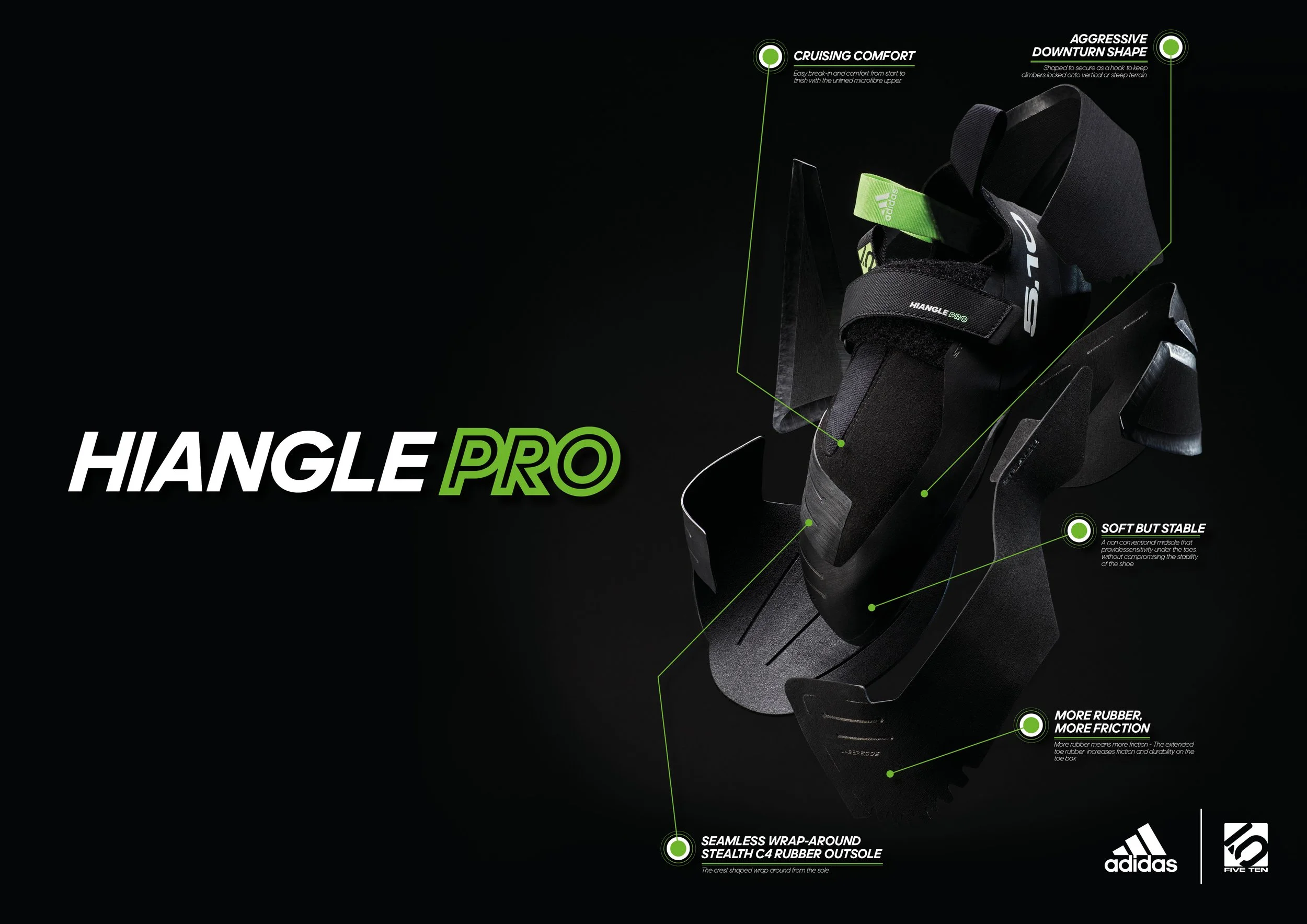Promotional image of Adidas Hiangle Pro climbing shoe with features labeled, including cruising comfort, aggressive downturn shape, and seamless rubber outsole. Adidas and Five Ten logos included.