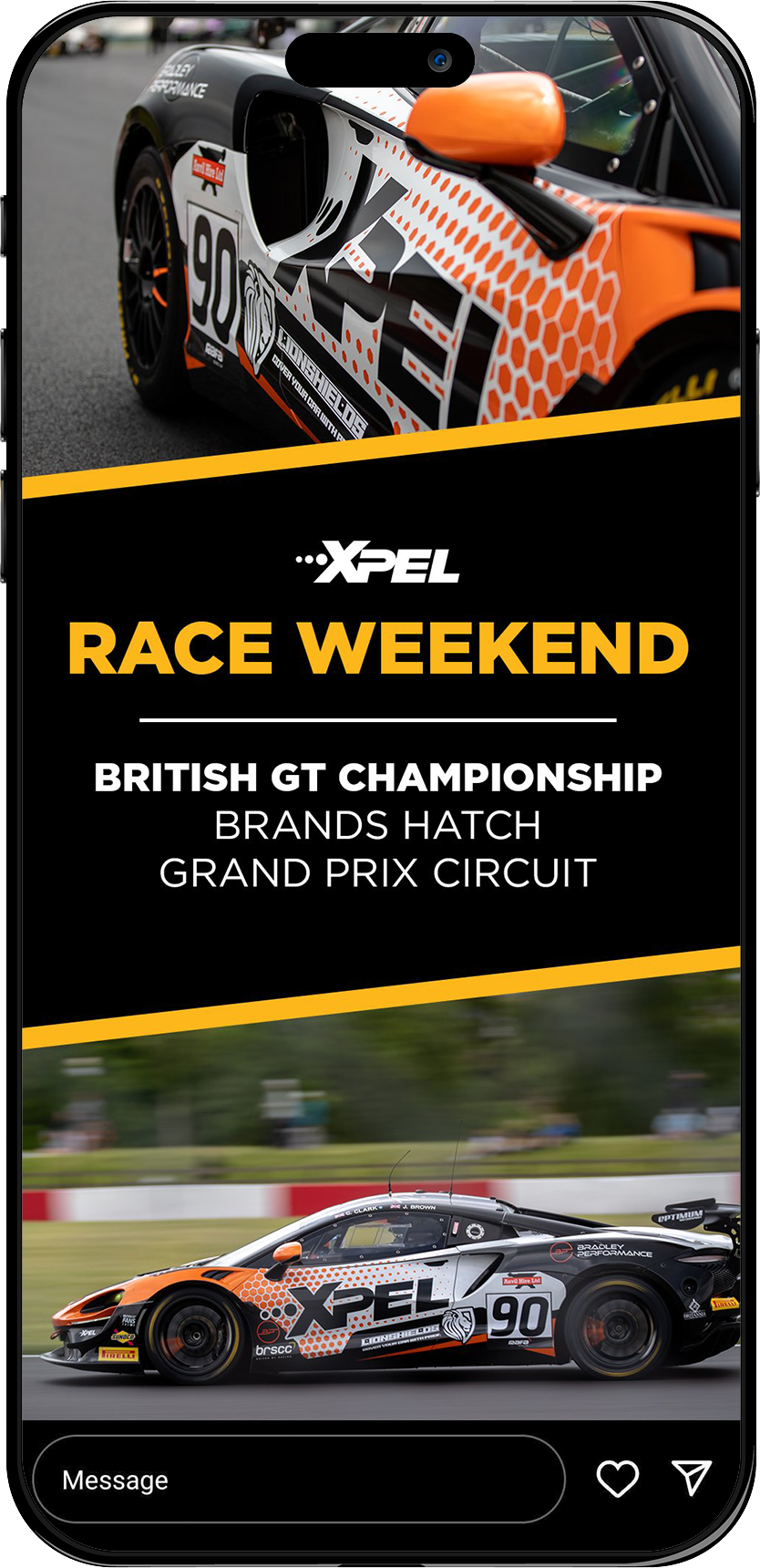 Advertisement for XPEL Race Weekend featuring a close-up of a branded race car with number 90. Event details: British GT Championship at Brands Hatch Grand Prix Circuit.