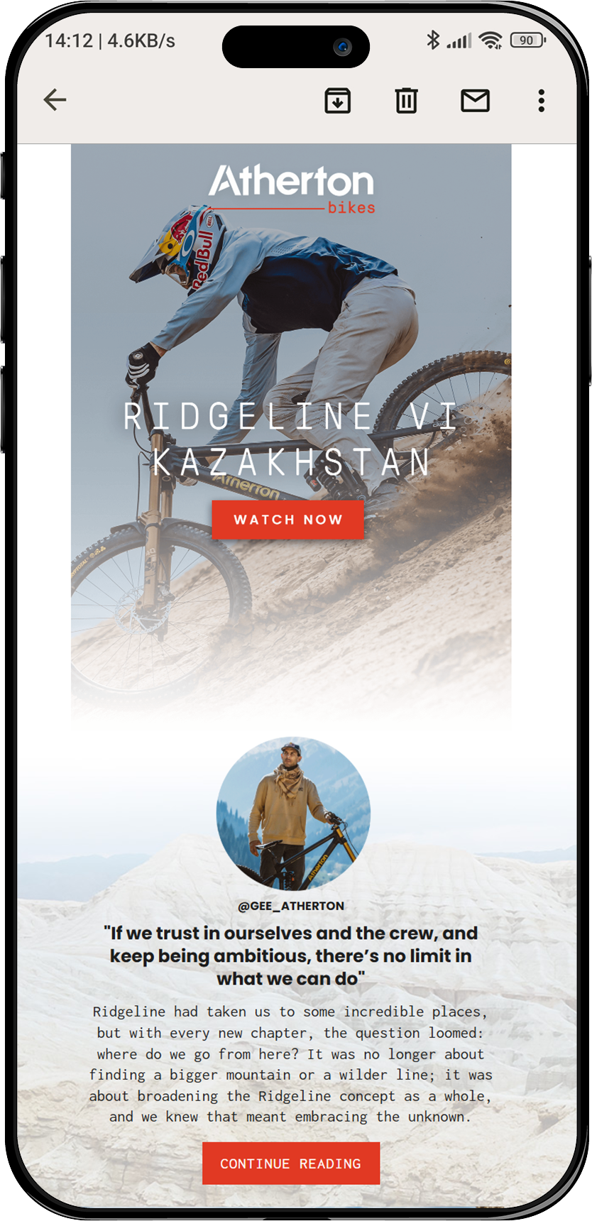 A promotional image for Atherton Bikes featuring a cyclist performing a downhill ride. Text highlights "Ridgeline VI Kazakhstan" with a "Watch Now" button, and a quote from @gee_atherton below discussing ambition and embracing the unknown. A button l