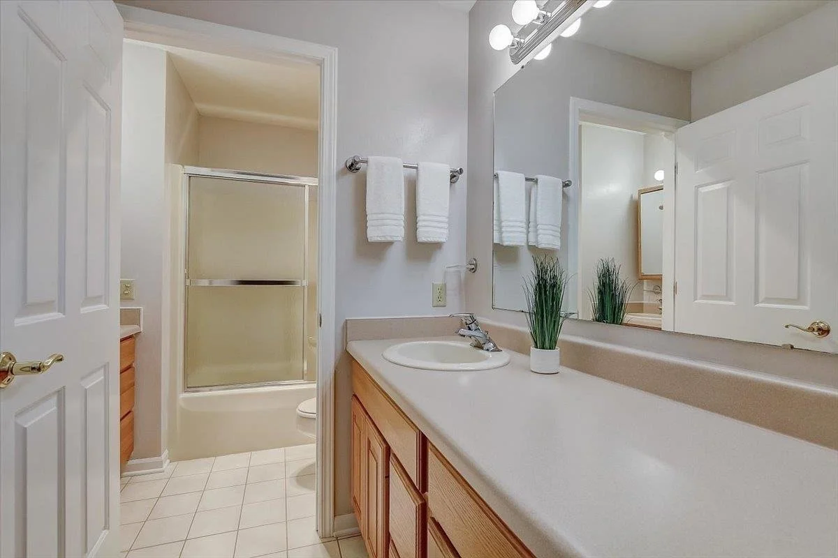 Bathroom with a single sink vanity, a large mirror, and three white towels on a towel bar. A small potted plant is on the countertop. Behind the open door is a shower with a sliding glass door, and another towel on a bide rack. The room has white til