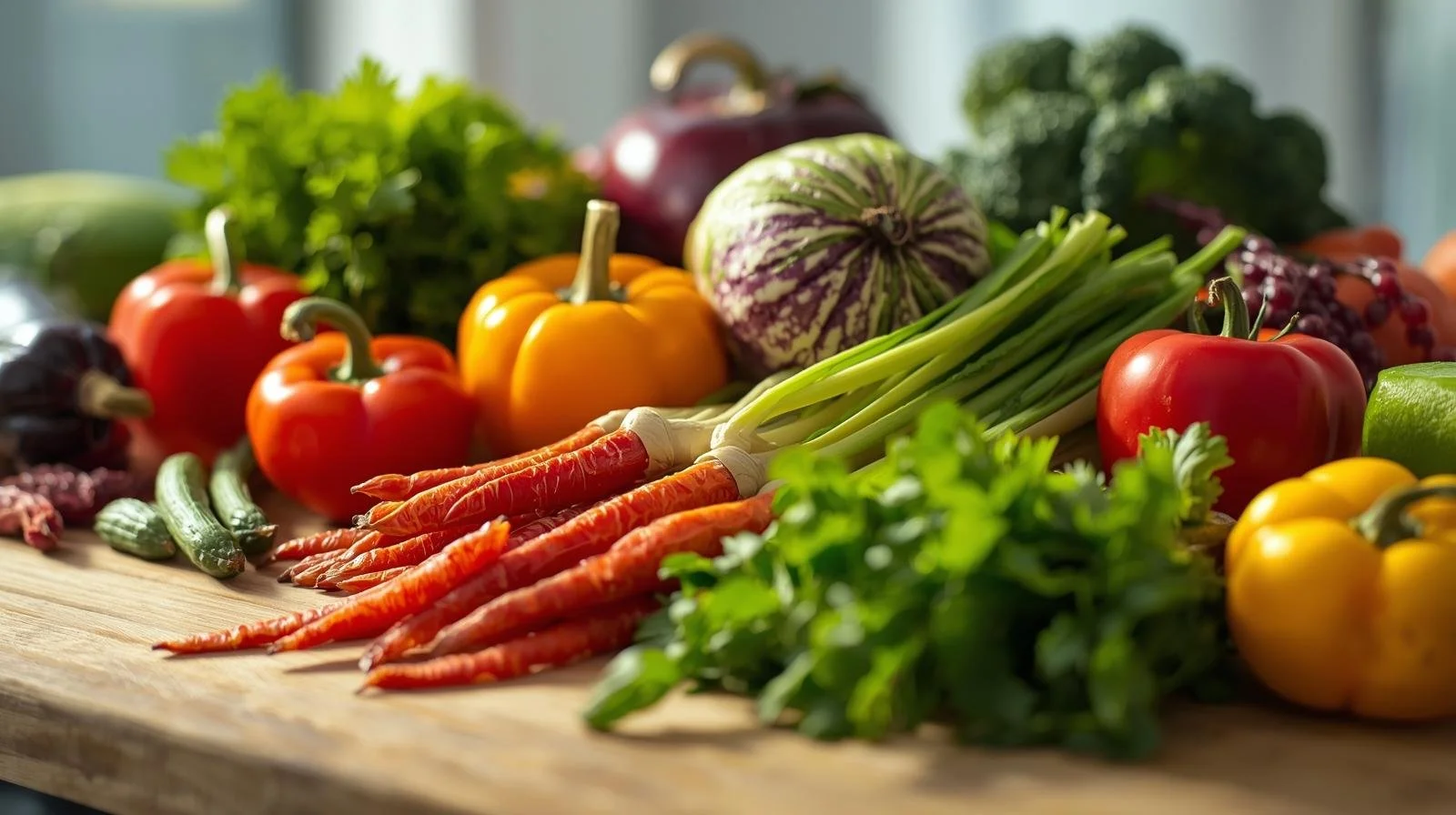 Colorful fresh vegetables on a wooden table, including carrots, bell peppers, tomatoes, cucumbers, leafy greens, and a watermelon.