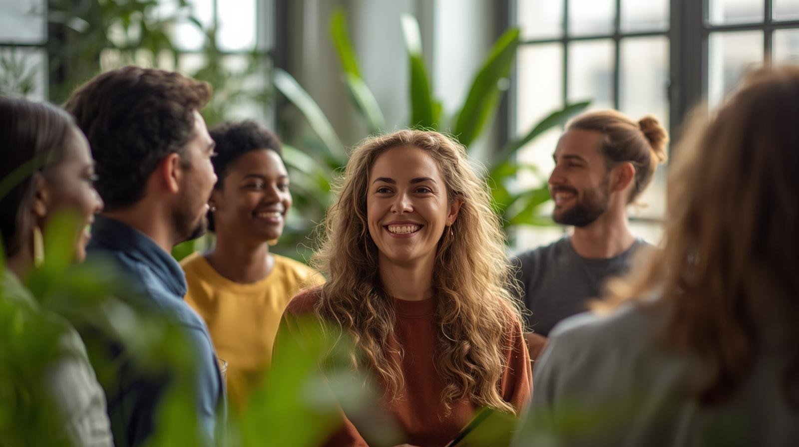 Group of six young adults smiling and talking in a well-lit room with large windows and green plants.