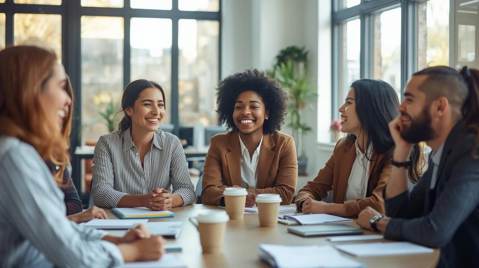 Six diverse people in a business meeting smiling and talking around a table with coffee cups and notebooks in a sunny office.