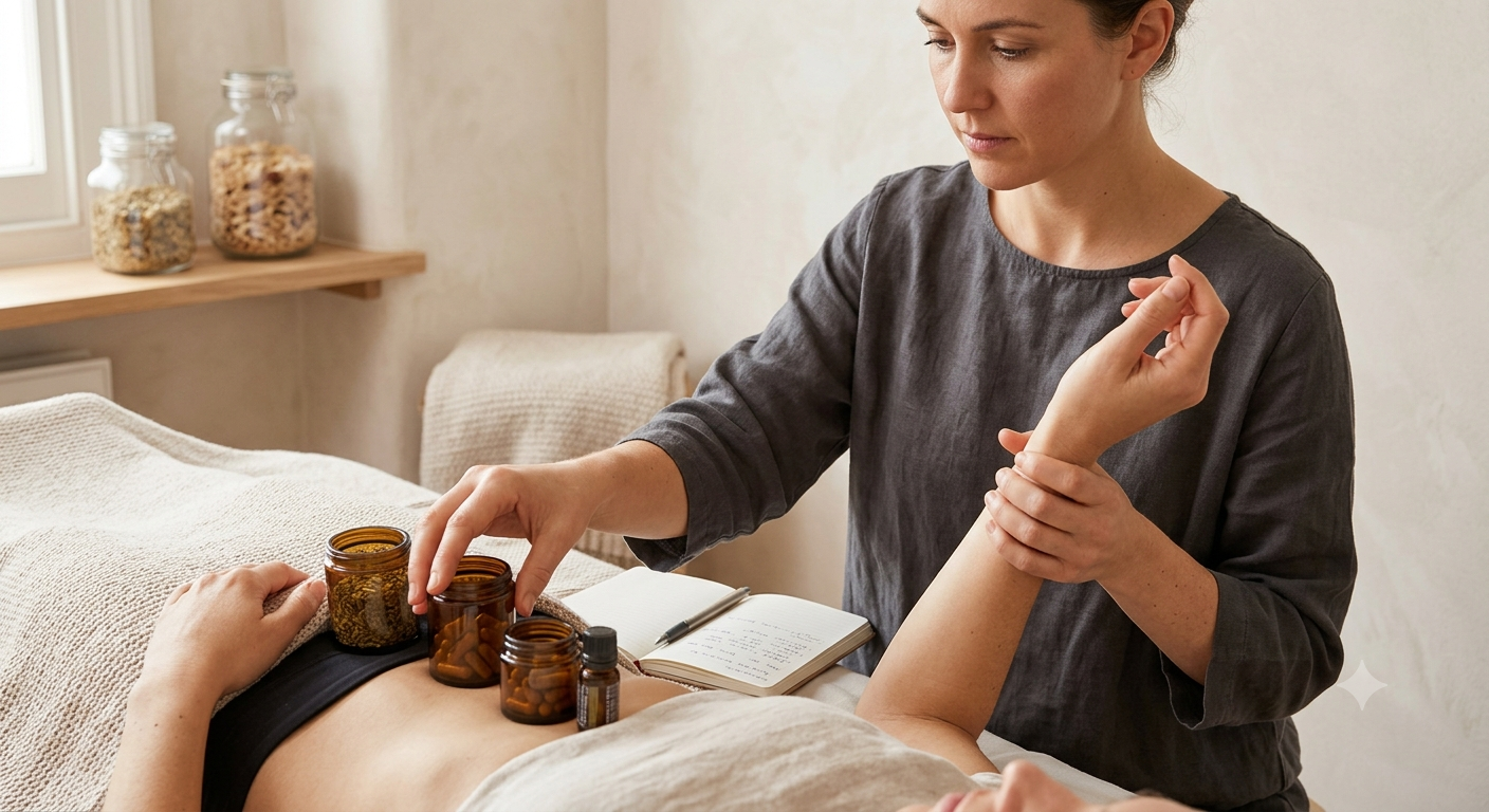 A woman providing acupuncture therapy using medicine bottles and herbal remedies to a client lying on a treatment table.
