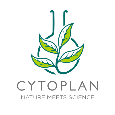Logo with a laboratory flask intertwined with a leaf, featuring the text 'CYTOPLAN' and the tagline 'NATURE MEETS SCIENCE'.